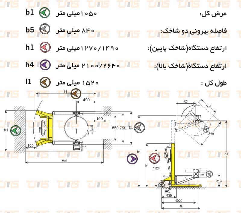 دیاگرام مهندسی این بشکه بر در این شکل رسم شده است و ابعاد آن را می توانید مشاهده کنید