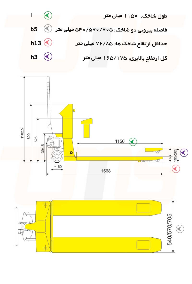 طول شاخک و عرض شاخک در جک پالت 2 تن ترازو دار در این تصویر قابل نمایش است