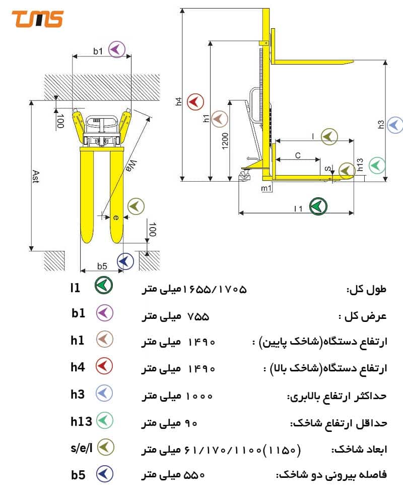 ابعاد شاخک و ارتفاع بالابری در استکر دستی مدل SDJ1010