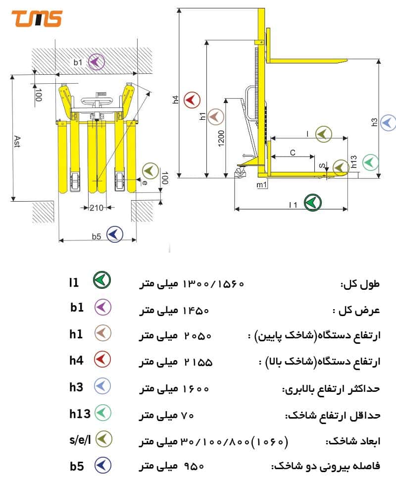 مشخصات و ایعاد دیاگرام استاکر دستی دارای پایه های عریض