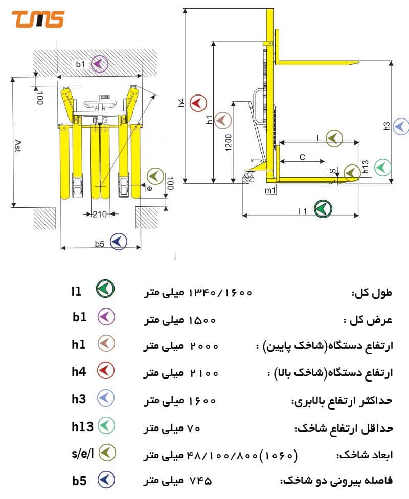 ابعاد مهندسی جک پالت پالت استاکر با پایه عریض 130 سانتی متری و شاخک قابل تنظیم